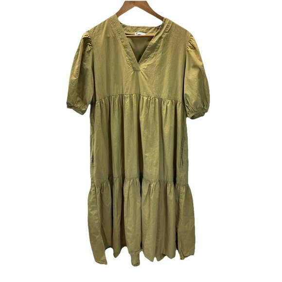 Caryn Lawn Dress Womens One Size Green Pockets Tiered Midi puff sleeve - Picture 1 of 13